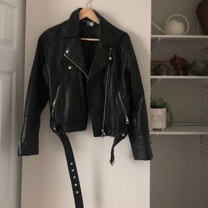 H&M black vegan leather cropped jacket
